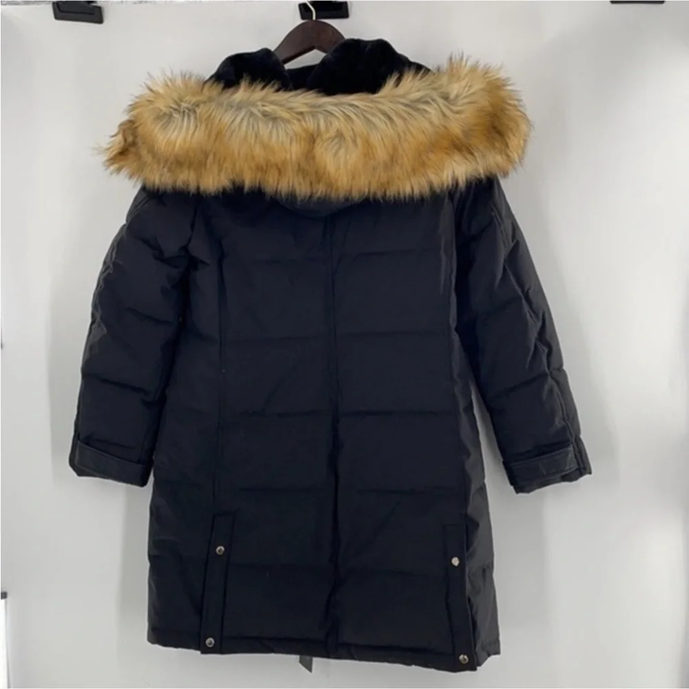 NINE WEST black faux fur trim hooded quilted parka coat